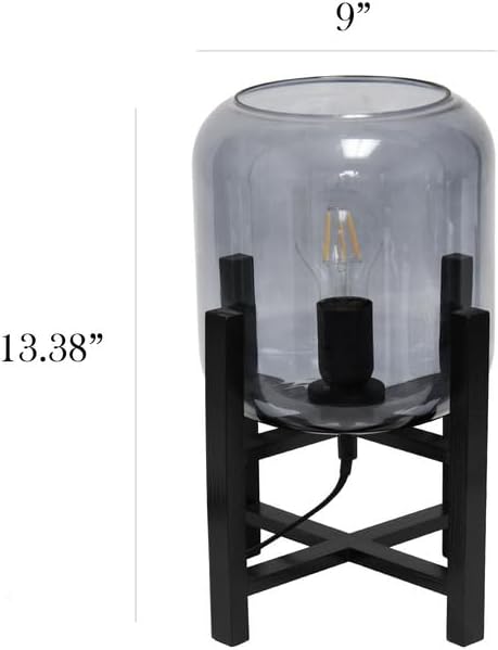 Renaissance Rhapsody Black Wood Mounted Table Lamp with Smokey Glass Cylinder Shade, Contemporary Design with Geometric Base