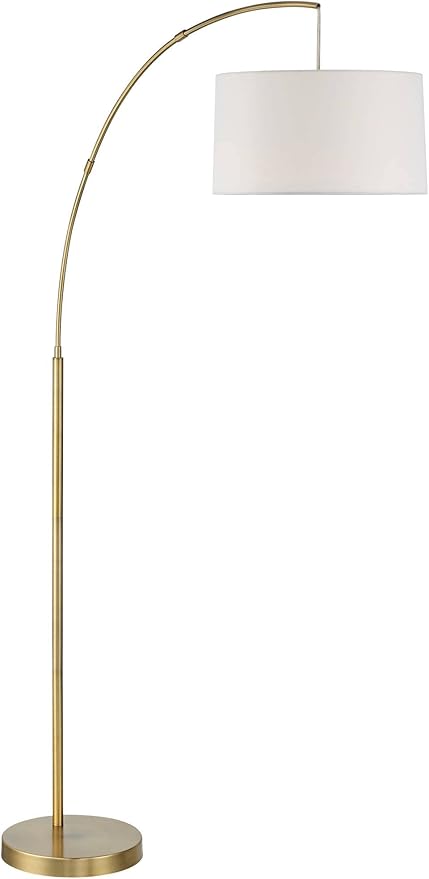 360 Lighting Cora Mid Century Modern Arc Lamps Floor Standing with USB Charging Port 72" Tall Brass Metal White Linen Fabric Drum Shade for Living Room Reading House Bedroom Home Office