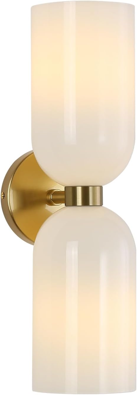 Minimalist 2-Light Gold Wall Sconces with Cylinder Glass Shades- Mid Century Vanity Wall Double Lights Hardwired- Modern Indoor Glass Wall Mounted Art Decor Lights (Milky White, 1 Pack)