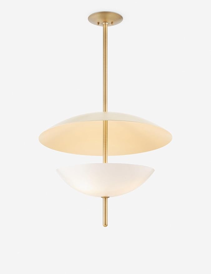 Modern Brass Pendant Light – Mid Century Hanging Ceiling Lamp with Dual Dome Shade – Warm Ambient Lighting Fixture for Kitchen Island, Dining Room, Living Room, Bedroom (Brushed Brass)