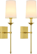 TERLEENART Gold Wall Sconce Set of 2,Hardwired Bathroom Vanity Light Fixture with White Fabric Shade,Gold Sconce for Living Room Dining Room Fireplace Mantel