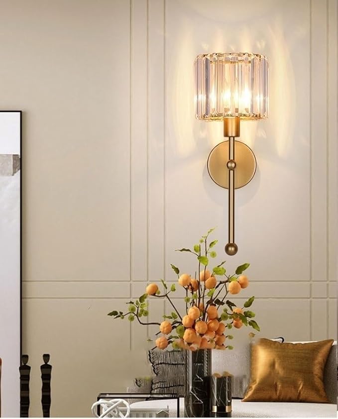 Modern Glass Crystal Wall Sconces Battery Operated Set of 2, Gold Rechargeable Wall Lights with Remote,Non Hardwired Clear Wall Lighting Fixture Brass for Bedroom Bathroom Living Room Porch