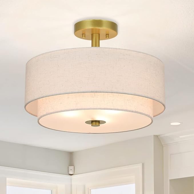 XiNBEi Lighting 3 Light Semi Flush Mount Light, Close to Ceiling Light Fixture with Fabric Shade Retro Gold Brass 16 inch Semi Flush Drum Light for Bedroom & Living Room XB-SF1289-GB