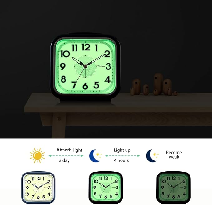 5.5" Large Analog Alarm Clock Silent Non Ticking, Glow in Dark dial, Gentle Wake, Beep Sounds, Increasing Volume, Battery Operated Snooze and Manual Light, Easy Set (Best for Elder)