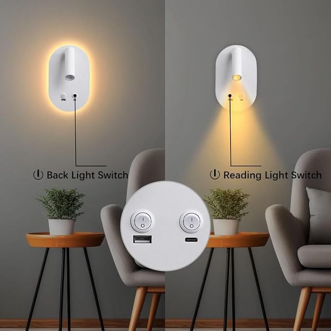 LED Wall Lamp Wall Mounted Reading Lights, Plug in Wall Sconces Set of 2, Multifunctional Wall Light with USB Type C Ports, Adjustable Headboard Spotlight 3W Book Light and 9W Night Light (White)