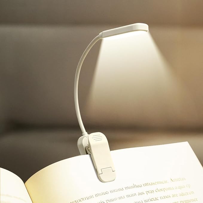 Rechargeable 20 LED Book Lights for Reading at Night - Energy Saving with Extended 60Hrs Runtime, 15-Level Stepless Dimming, Flexible Lightweight Clip on Light for Studying, Travel, White