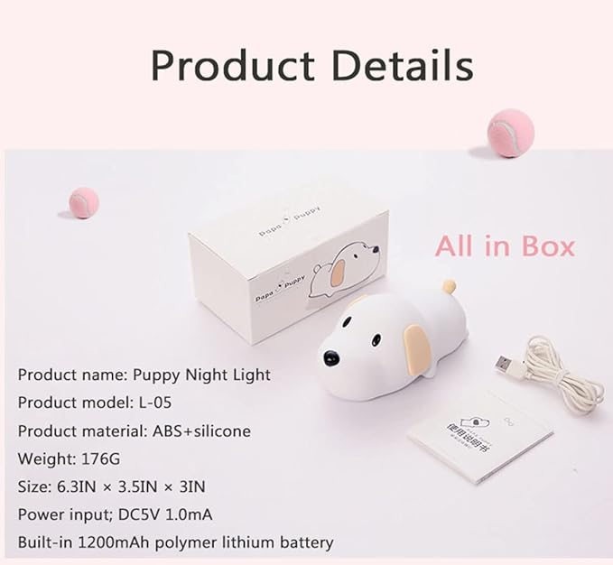 HAPPYBAG Kids Night Light,Cute Soft Silicone Dog Lamp Dimmable Nursery Portable Puppy Kawaii Lamps,Bedside Lamp for Baby and Toddler,Boy Girls