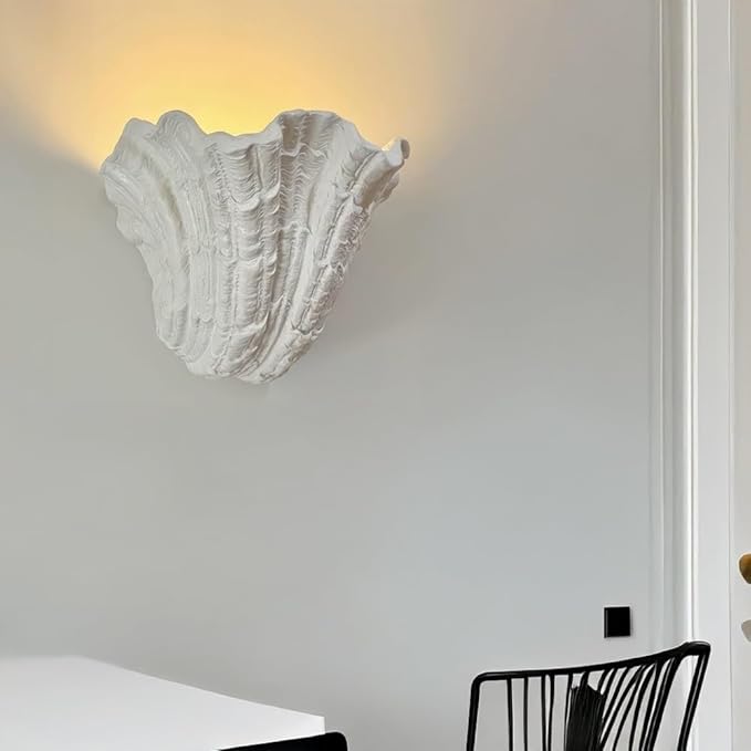 Modern Nordic Shell Wall Sconce, White Plaster LED Uplight (3000K Warm), Unique Seashell Design, Indirect Ambient Lighting for Bedroom, Living Room, Dining Room, Hallway Decor.(30cm/11.81")