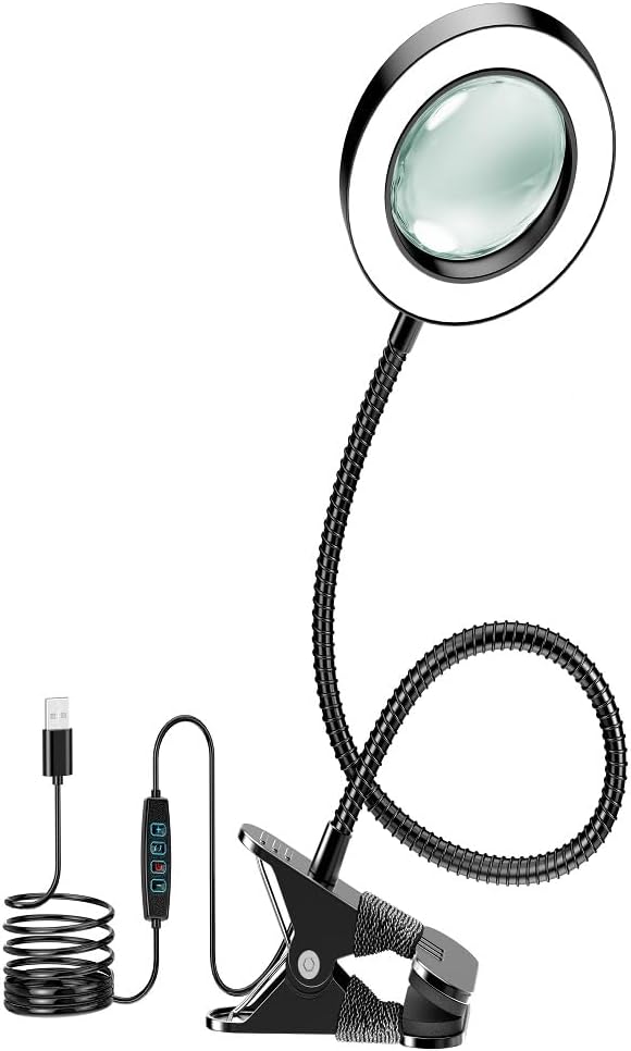 10X Magnifying Glass with Light and Timer, 2 in 1 Magnifying Desk Lamp, 3 Color Modes 10 Dimmable Brightness, Flexible Gooseneck Magnifier with Light for Craft Hobby Sewing Close Work(No Adapter)