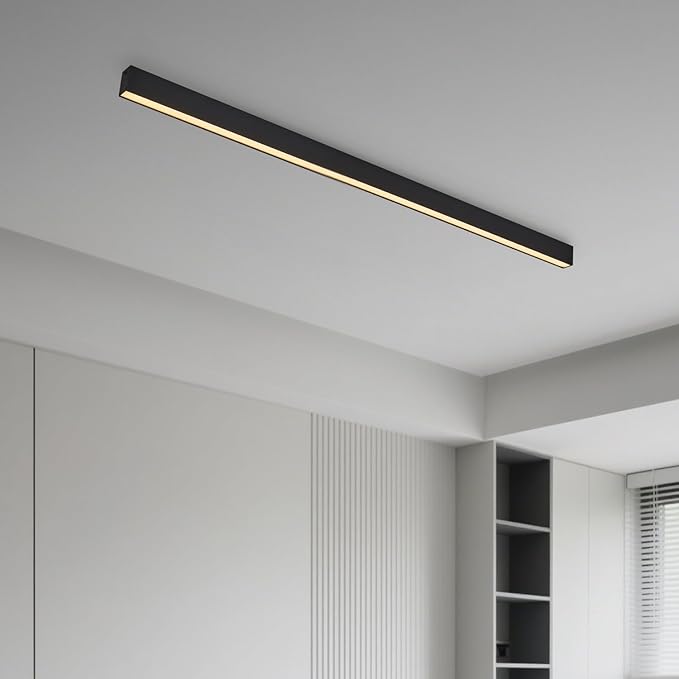 Black ceiling light LED, modern and simple, long strip ceiling surface installation, suitable for living room, bedroom, corridor and kitchen, remote control to switch color and brightness, 78.7 inches