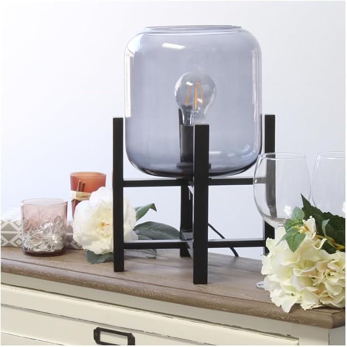 Renaissance Rhapsody Black Wood Mounted Table Lamp with Smokey Glass Cylinder Shade, Contemporary Design with Geometric Base