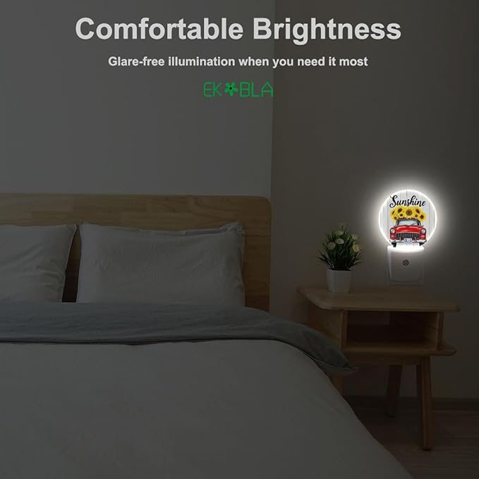 EKOBLA Autumn Harvest Night Light Red Car Truck with Sunflowers Plug in Nightlights Dusk to Dawn Sensor LED Lighting for Bedroom Bathroom Stairway Kitchen Home Decor