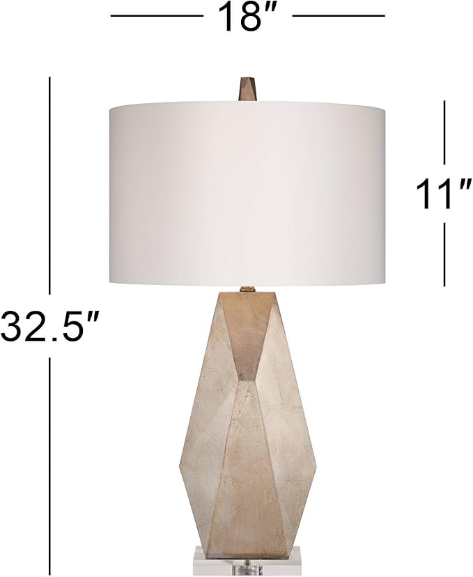 Possini Euro Design 32 1/2" Tall Geometric Large Mid Century Modern Glam End Table Lamps Set of 2 Champagne Gold Living Room Bedroom Bedside Nightstand House Office Home Reading Off-White Shade