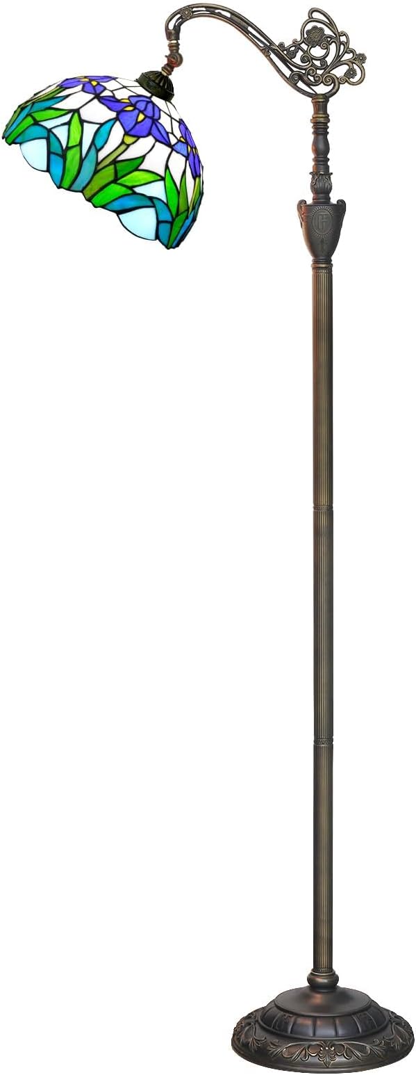 Tiffany Style Iris Floor Lamp Blue Flower Vintage Lamp Stained Glass Art Nouveau Design Adjustable Angle Retro Living Room Bedroom Bedside Sofa Corner Study Reading Lamp Suitable for Dad and Mom LED