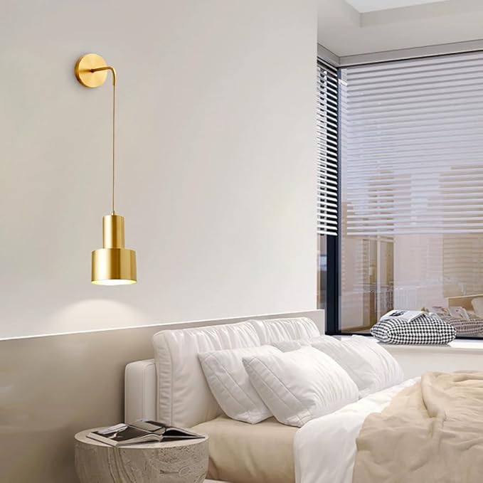 Modern Wall Sconce, Contemporary Brass Wall Light Fixture, H65 Solid Brushed Gold Cylindrical E27, Adjustable Hanging Ambient Lighting for Bedroom Living Room Hallway Decor