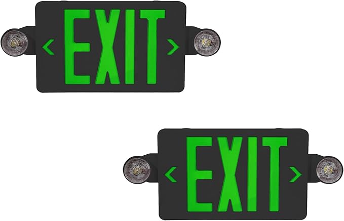 CM MZY Exit Sign with Emergency Lights, Exit Signs Light with Battery Backup,Green Emergency Lights with Black Housing, Two Adjustable Heads, Combo for Business,AC 120V/277V, UL Certified, 2 Pack