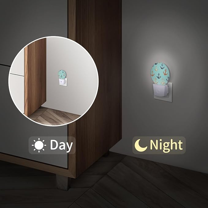 Round Night Lights Ocean Nautical Anchor LED Nightlight Plug in Dust to Dawn Auto On/Off Night Light for Bedroom Bathroom Hallway, 2 Pack