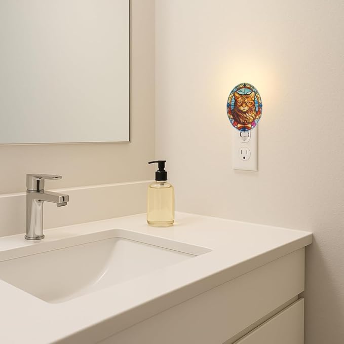 Maine Coon Stained Glass Styled Cat Night Light, Real Glass Plug-in Night Light with Vertical Outlet and On/Off Switch Gift for Cat Owners