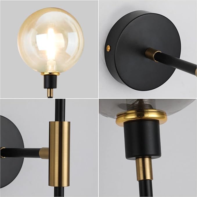 KCO Lighting 1-Light Sconces Wall Light Gold Black Modern Wall Mounted Sconce Globe Glass Shade Wall Lamp with Long Arm for Bedroom Hallway (Amber,2 Pack)