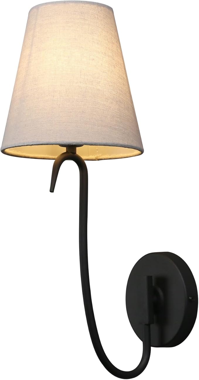 PERMO Vintage Wall Sconce with Goose-Neck Arm and White Fabric Shade – Hardwired Black Sconce E26 Wall Light for Bedroom, Hallway, Living Room & Bathroom