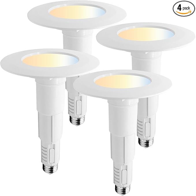 Jolux 4 Inch 5CCT LED Can Lights Adjustable Recessed Retrofit Downlight,Recessed Lighting CCT Selectable 2700K/3000K/3500K/4000K/5000K,6W=40W,500LM,Dimmable,C90+,E26 Screw Base,Bevel Trim,6-Pack.…