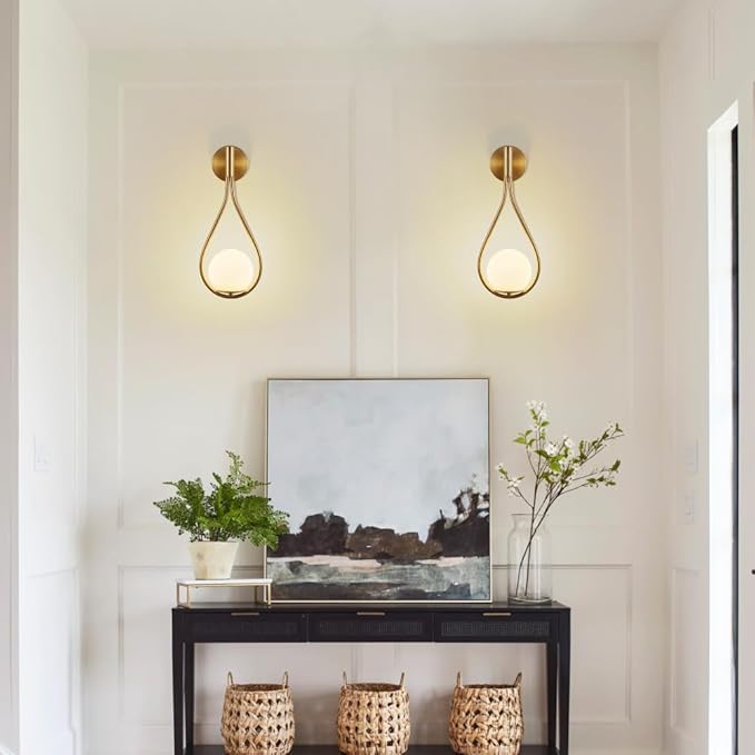 19" Set of 2 Modern Drop Design Wall Sconces, Raindrop Lights, Luxury Gold Wall Mounted Sconces with Globe Glass Shade for Bedroom, Living Room, Hallway, Bathroom