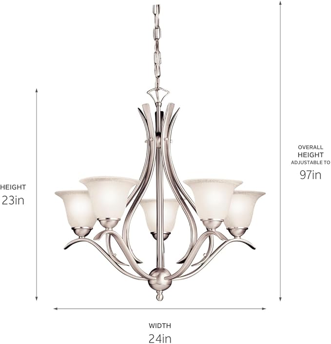 Kichler Dover 23" Chandelier in Brushed Nickel, 5-Light Classic Foyer or Dining Room Chandelier with Etched Seeded Glass, (23" H x 24" W), 2020NI