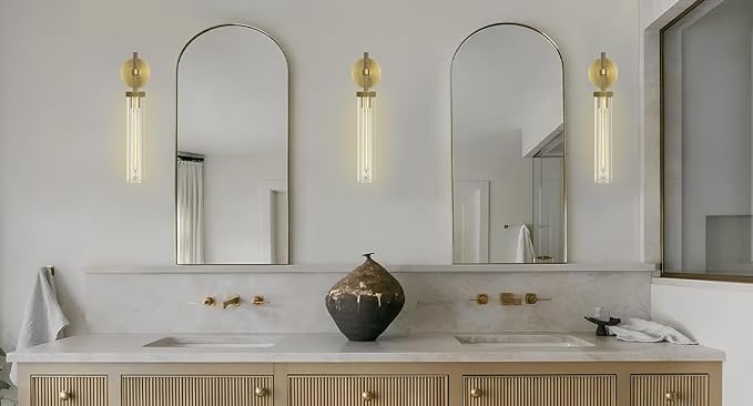 Modern Brass Wall Sconces, Glass Tube Sconces, Gold Bathroom Vanity Light Fixtures, Indoor Wall Sconces for Living Room Bedroom Hallway Kitchen Bathroom Mirror(Including Bulb)