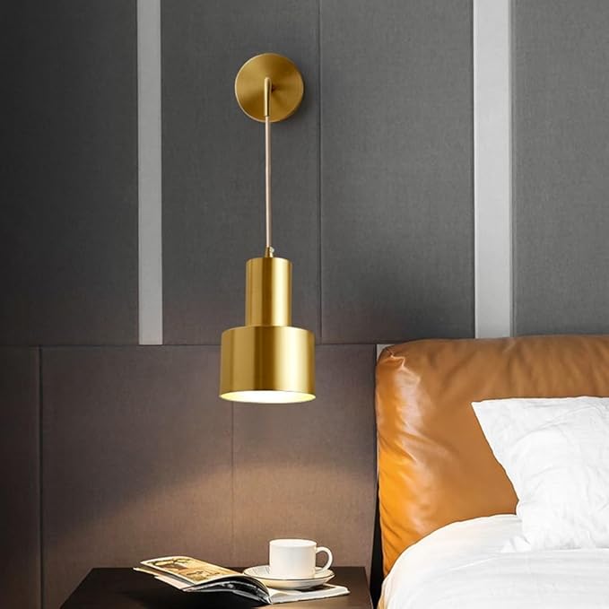 Modern Wall Sconce, Contemporary Brass Wall Light Fixture, H65 Solid Brushed Gold Cylindrical E27, Adjustable Hanging Ambient Lighting for Bedroom Living Room Hallway Decor