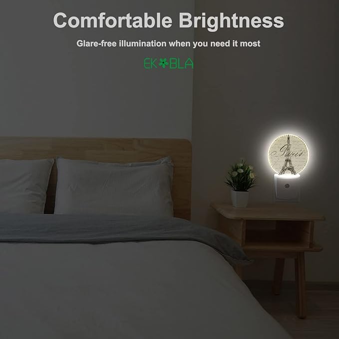 EKOBLA Boho Beige Paris Night Light Vintage Eiffel Tower France Night Lights Plug into Wall with Dusk to Dawn Sensor Home Plug Wall Light for Boys Girls Men Women