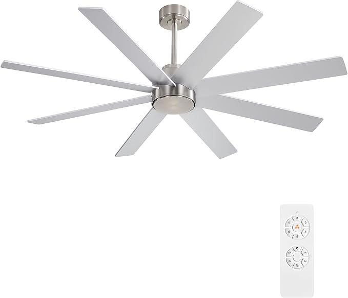 WINGBO 60" Large DC Ceiling Fans without Lights, 3 Downrods, 8 Plywood Blades, 6-Speeds Reversible DC Motor, Indoor Ceiling Fan No Lights for Bedroom Living Room Patio, Brushed Nickel and Silver