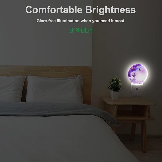 EKOBLA Flower Butterfly Night Light - Purple LED Wall Plug-in Nightlights with Auto Sensor, Dusk to Dawn Lighting for Bedroom & Nursery (0.5W Sleep-Friendly Glow)