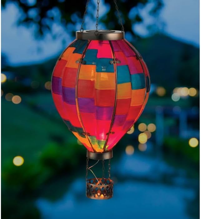 Regal Art & Gift Hot Air Balloon Solar Lantern – Hanging Solar-Powered LED Lights, Waterproof Portable Decorative Outdoor Lamp Made of Metal & Glass for Garden, Patios & Pathway – Stripe(X-Large)