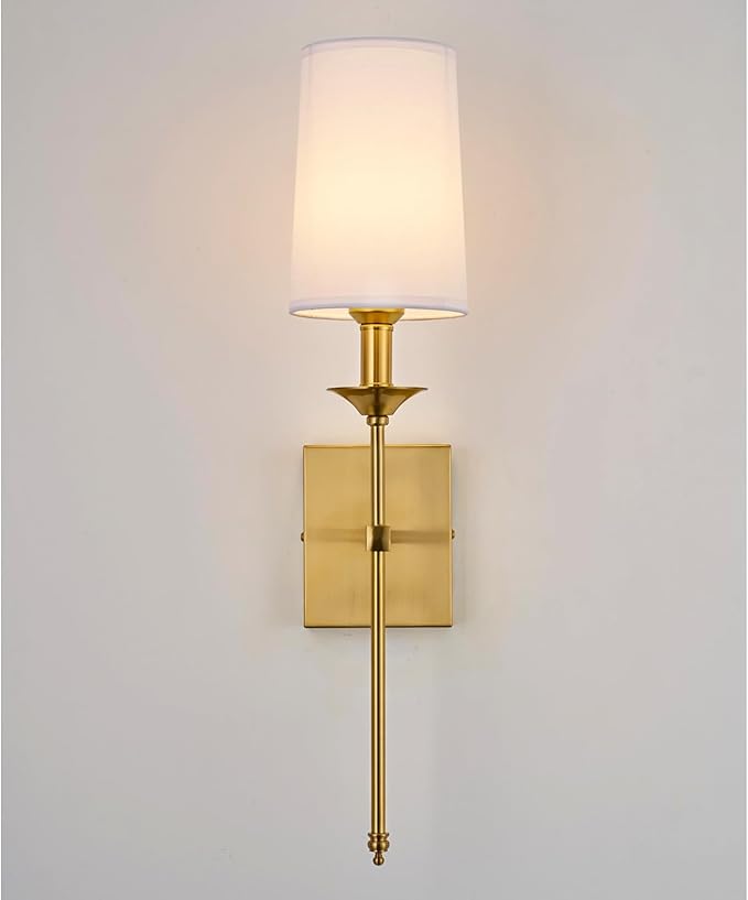 TERLEENART Gold Wall Sconce Set of 2,Hardwired Bathroom Vanity Light Fixture with White Fabric Shade,Gold Sconce for Living Room Dining Room Fireplace Mantel
