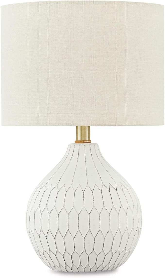 Signature Design by Ashley Wardmont Contemporary Modern Table Lamp with Drum Hardback Fabric Shade, On-Off Switch, Ceramic, 17.75" High, Antique White