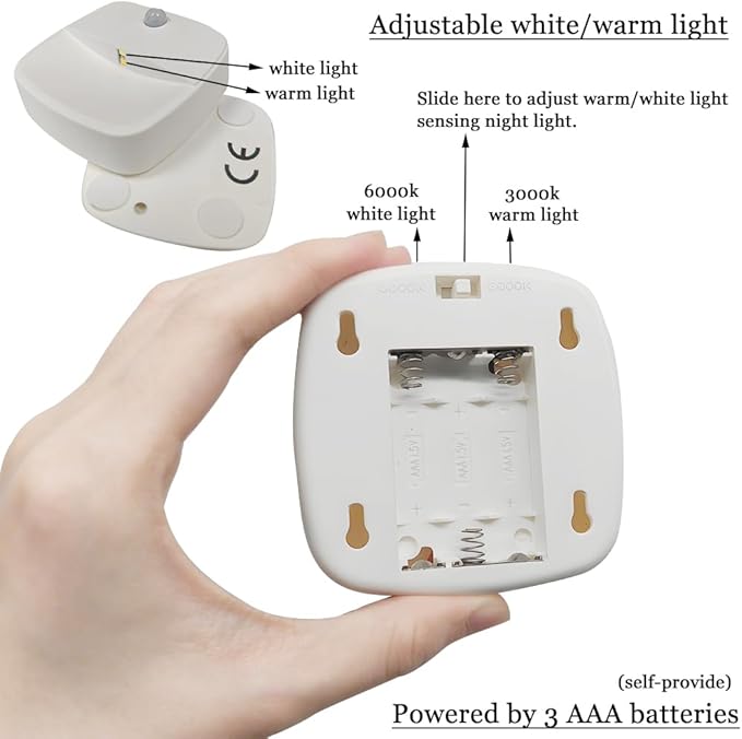 Motion Activated Night Light,Nightlights with Light Sensors Dual Color Modes 6000K White Light/3000K Warm Light Adhesive Installation for Bedroom, Kitchen, Stairs, Hallway,Garage,2 Pack