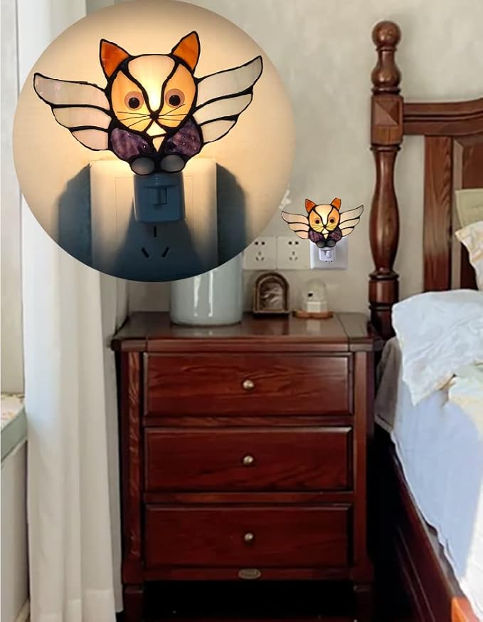 Stained Glass cat Night Light, Cats Decorative Night Light, Pet Commemorative Gift, Love Cats (DYM9005) (Grey)