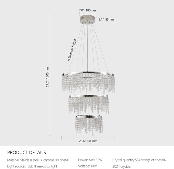 3 Tier LED Modern Ceiling Light Fixture, Home Decor LED Round Crystal Chandeliers, Adjustable Color Temperature Chandelier for Living Room, Dining Room, Bedroom
