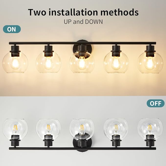 Bathroom Light Fixtures Over Mirror 5-Lights Bathroom Vanity Light with Clear Globe Glass Shade 37.4 inch Modern Black Vanity Light Wall Sconce Vanity Lighting for Bath