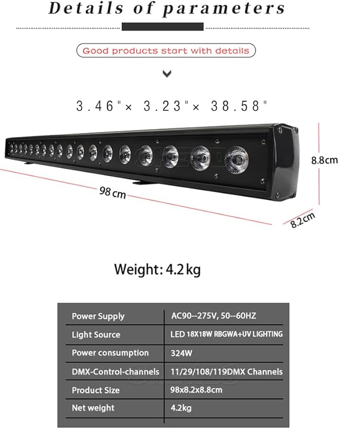SHEHDS 18x18W Stage Wash Lights Bar/Strip, LED RGBWA+ PURP Wall Wash Lights, Strobe Effect DMX512 Control for Christmas Night Club Disco Club Wedding Bar
