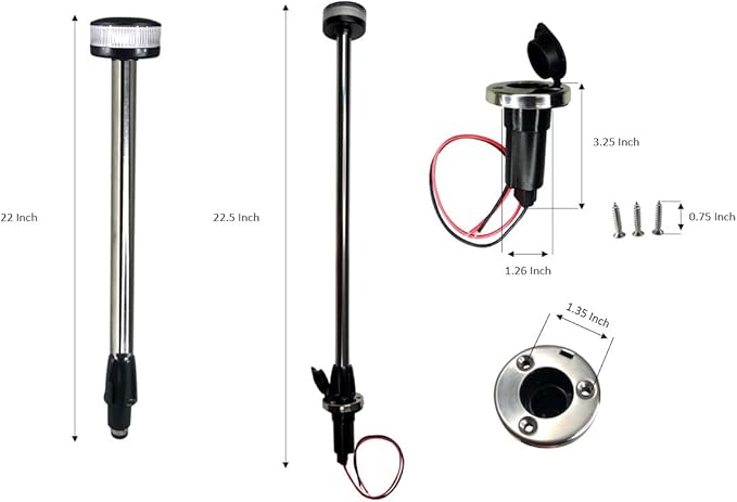 Pactrade Marine All Round White LED, Stern Light, Anchor Light, Pole Light LED Boat Navigation Light with Standard Pole 22'' with Removable 2-Pin Fixed Plug-in Base USCG 2NM for Pontoon, Fishing Boats