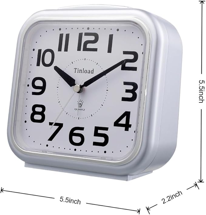 5.5" Large Analog Alarm Clock Silent Non Ticking, Gentle Wake, Beep Sounds, Increasing Volume, Battery Operated Snooze and Manual Light, Easy Set, Silver