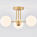 Modern Semi Flush Mount Ceiling Light,Globe Milk Glass Shade Brushed Brass Finish Ceiling Light 3-Light with Ceramic Base,Sputnik Chandeliers for Bedroom Hallway Dining Room Lighting Fixture