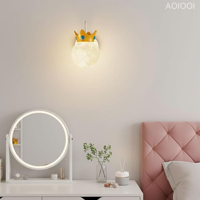 Crown Moon Wall Sconce Lighting, Kids Room Wall Lamp, Modern Decorative G9 Moon Globe Wall Lamp,Aesthetic Home Decor for Nursery Bedroom Bedside, Milk Coffee Color Wall Mount Light Fixture