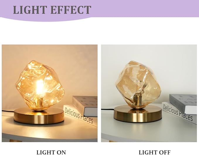 Meefad Modern Glass Table Lamp Ice Cubes Shaped Bedside Nightstand Lamp Small Decorative Night Light for Bedroom Living Room Amber Finish