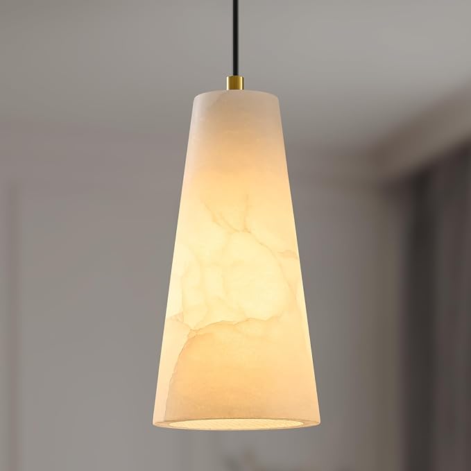 Alabaster Kitchen Island Pendant Light: White Marble Hanging Lights over Dining Table - Minimalist Natural Stone Textured Pendants Lighting - Vintage Brass Cylinder Chandelier above Sink Bulb included