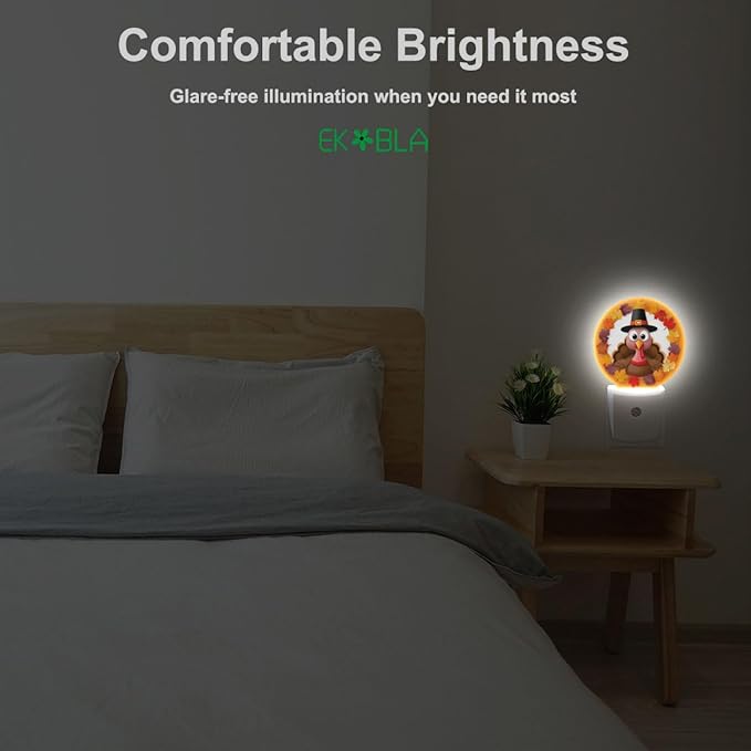 EKOBLA Autumn LED Plug-in Nightlights Turkey Maple Leaves Night Lights Plug into Wall Dusk to Dawn LED Lighting for Bedroom Bathroom Kitchen Corridor