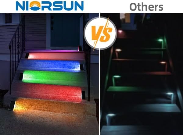 NIORSUN Solar Step Lights for Outside,6 Pack RGB Solid Color Changing Solar Stair Lights Outdoor Waterproof IP67 Auto On Off,Solar Lights for Steps,Stair,Patio,Yard,Porch,Front Door,Deck Decor