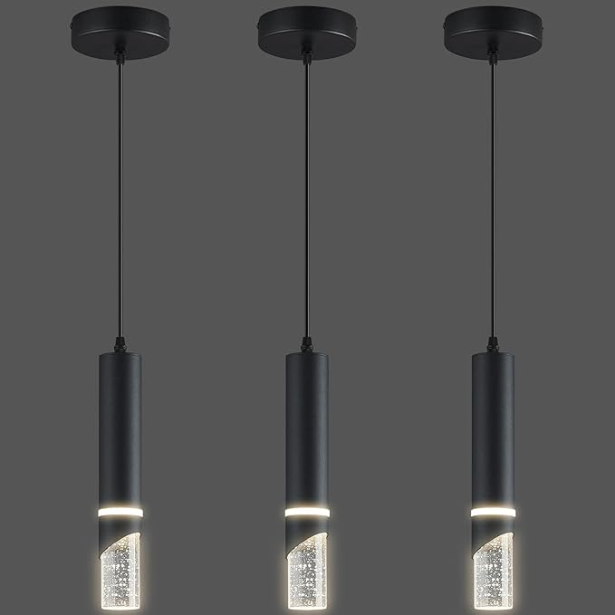 Modern Dimmable Led Pendant Lights Kitchen Island, Ideal for Living Room, Bedroom,Sink 6w LED Crystal Energy-Saving Hanging Lamp for Cozy Lighting (Black 3-Pack)