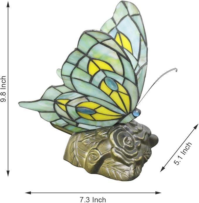 Small Tiffany Table lamp Stained Glass Butterfly Desk Lamp 7X5X9.8 Inch Accent Antique Light (Green Butterfly)